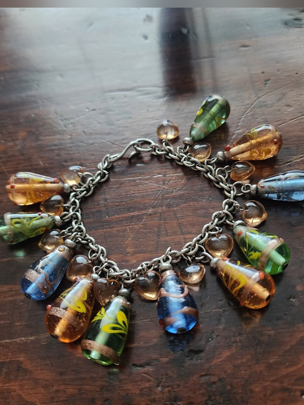 Boho Vintage Handpainted Glass Beaded Bracelet Love Heart Charm 7.5 Murano Style